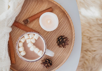 Cocoa with marshmallows on the coffee table