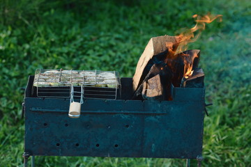 cooking vegetables on fire. Grilled zucchini on the grill with burning wood outdoors. Free space for text