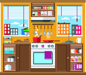 Bright and cozy kitchen in orange tones. Vector illustration, set.