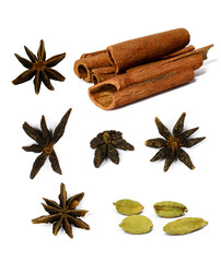 Cinnamon stick, star anise and cardamom isolated on white background. Collection of spices for mulled wine