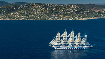 French Riviera -Royal Clipper in the St Tropez bay aerial view