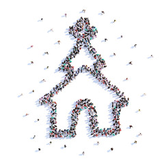 A lot of people form church, wedding love, icon . 3d rendering.