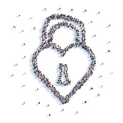 A lot of people form lock, heart, love, icon . 3d rendering.