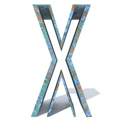 Conceptual old rusted metal font or type, iron or steel industry piece isolated white background. Educative rusty material, aged vintage surface, worn damaged paint as 3D illustration rough surface