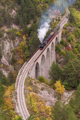 Train à vapeur des pignes automnal sur viaduc