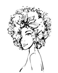 Fashion Sketch of young beautiful woman with flowers and leaves. A beautiful girl s face. Vector illustration black and white ink imitation