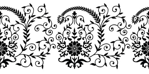 Seamless traditional indian black and white floral border