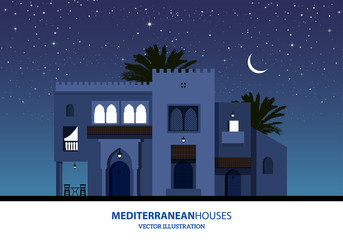 Night view of mediterranean, arabic or moroccan style houses, palm trees and the moon over starry background