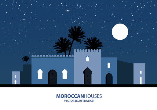 Night view of mediterranean, arabic or moroccan style houses, palm trees and the moon over starry background