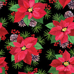Seamless pattern of Poinsettia flowers in red and green color with pine and berries on black background. Vector set of Christmas elements for holiday invitations, greeting card and advertising design.