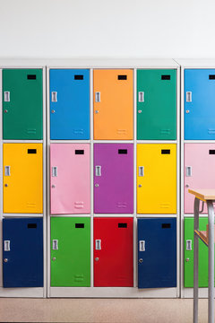 School colorful lockers in the classroom