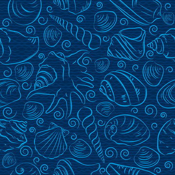 Seamless Patterns with  summer symbols, shellfish and clams  on a blue backgrounds, vector illustration.Ideal for printing onto fabric and paper or scrap booking.
