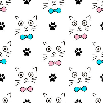 Seamless patterns with faces of the cat and footprints.