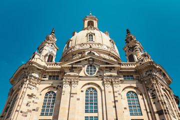 Dresden Frauenkirche dome on blue sky background