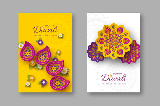 Diwali festival holiday posters with paper cut style of Indian Rangoli and flowers. Purple, violet colors on white and yellow background. Vector illustration.