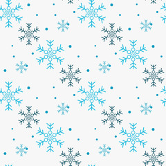 Snowflake simple seamless pattern. Blue snow on white background. Abstract wallpaper, wrapping decoration. Symbol of winter, Merry Christmas holiday, Happy New Year celebration Vector illustration