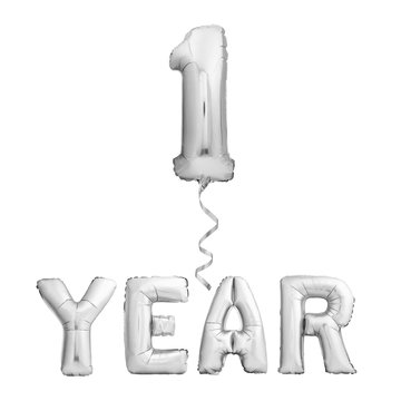 Silver 1 one year sign made of inflatable party balloons with ribbon isolated on white background