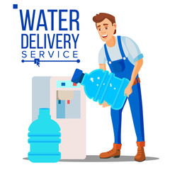 Water Delivery Service Man Vector. Company. Plastic Bottle. Supply, Shipping. Isolated Flat Cartoon Illustration