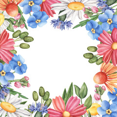 Fototapeta na wymiar Border, frame made of wild summer flowers - camomile, cornflower, forget-me-not, cosmos and lily, watercolour raster illustration. Watercolor floral frame with wild flowers, square banner template