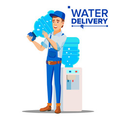 Water Delivery Service Man Vector. Delivering Clear Health Water Bottle In Home, Office. Isolated Flat Cartoon Illustration