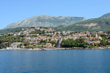 Scenic view of Herceg Novi coastline from Kotor bay, Montenegro.