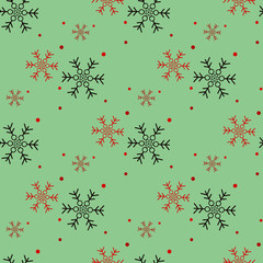 Red and black Snowflake seamless pattern. Snow on green background. Abstract wallpaper, wrapping decoration. Symbol winter, Merry Christmas holiday, Happy New Year celebration Vector illustration