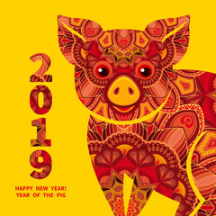 Pig is a symbol of the 2019 Chinese New Year. Decorative ornamented zodiac sign Pig on yellow background