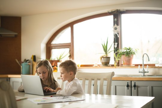 Children using laptop together in kitchen