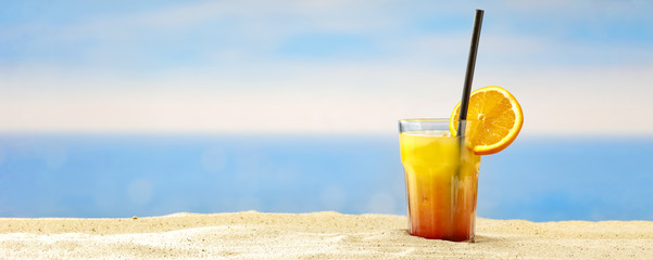 Summer drink on beach and free space for your decoration. 