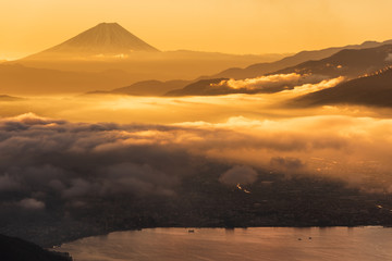諏訪湖 朝焼け 富士山