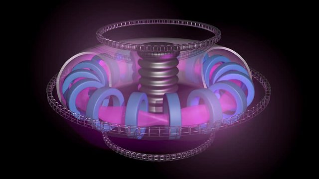 Fusion Reactor tokamak style. 3d animation art concept. Outer shell , rings,  glowing plasma