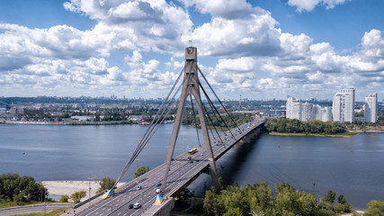 Kiev bridge Fursy in sunny weathering from the air