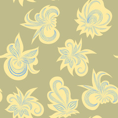 Vector abstract seamless floral pattern in beige color doodle outline colors on a yellow stain background