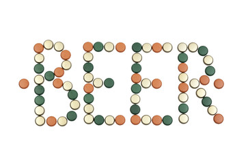 Stylized word beer created from metal bottle caps, isolated on white background