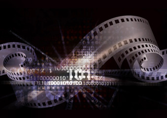 Cinema dynamic background, digitization of old films.
Expressive modern dynamic cinema background with a camera film and binary codes sign. The motif symbolizes the digitization of old films.