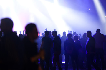 cheering crowd with raised hands at concert - music festival