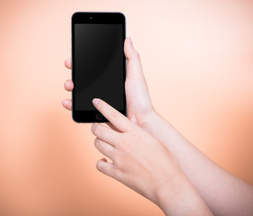 Female finger touch smartphone plus blank black screen