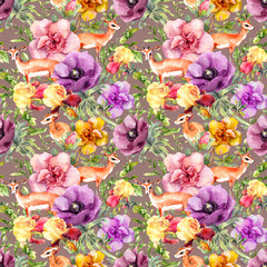 Antelope animal in flowers. Repeating wallpaper. Watercolor