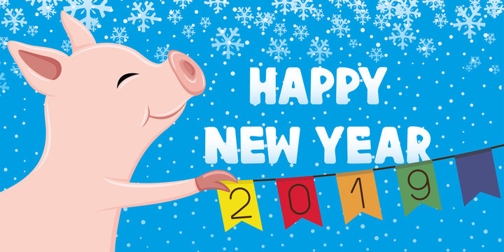 Cheerful pig symbol of the New Year 2019.