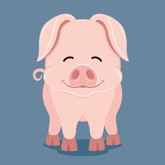 Cute pig smiling standing on a blue background.
