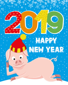 Cheerful pig symbol of the New Year 2019.