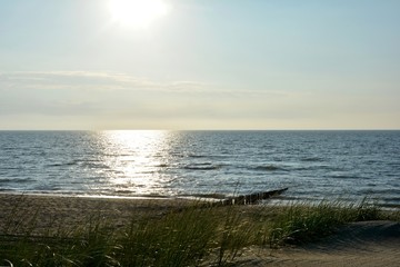 Strand mit Dünengras und Holzbuhnen  beim Sonnenuntergang  