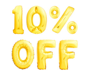 Ten percent off discount. Golden balloons isolated on white