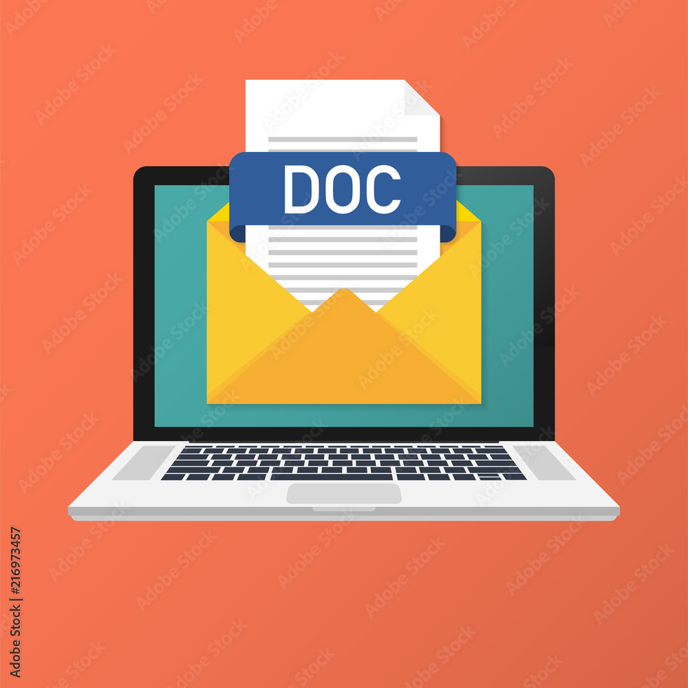 Poster laptop with envelope and doc file. notebook and email with file attachment doc document. vector illu