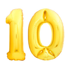 Golden number 10 ten made of inflatable balloon isolated on white
