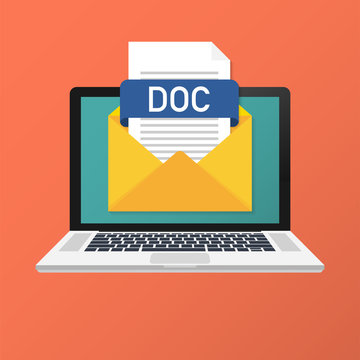 Laptop with envelope and DOC file. Notebook and email with file attachment DOC document. Vector illustration.