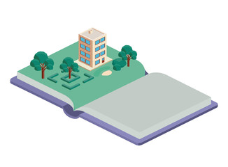 building and trees isometric scene on book vector illustration design