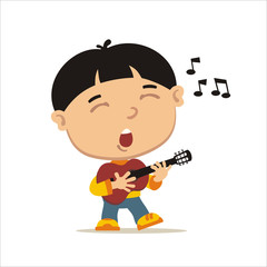 Vector illustration of boy in cartoon style with guitar singing song isolated on white background.