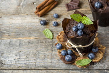 Chocolate muffin with mint and blueberries on wooden stand Copy space