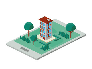 building and trees isometric scene on smartphone. Vector illustration